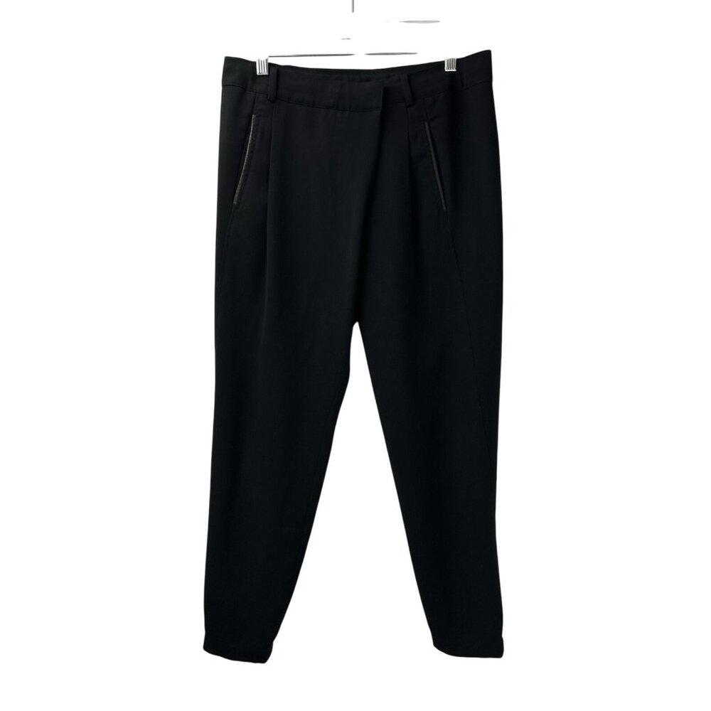 VINCE. Women's Size 6 Asymmetric Harem Trousers Leather Trim Black Taupe